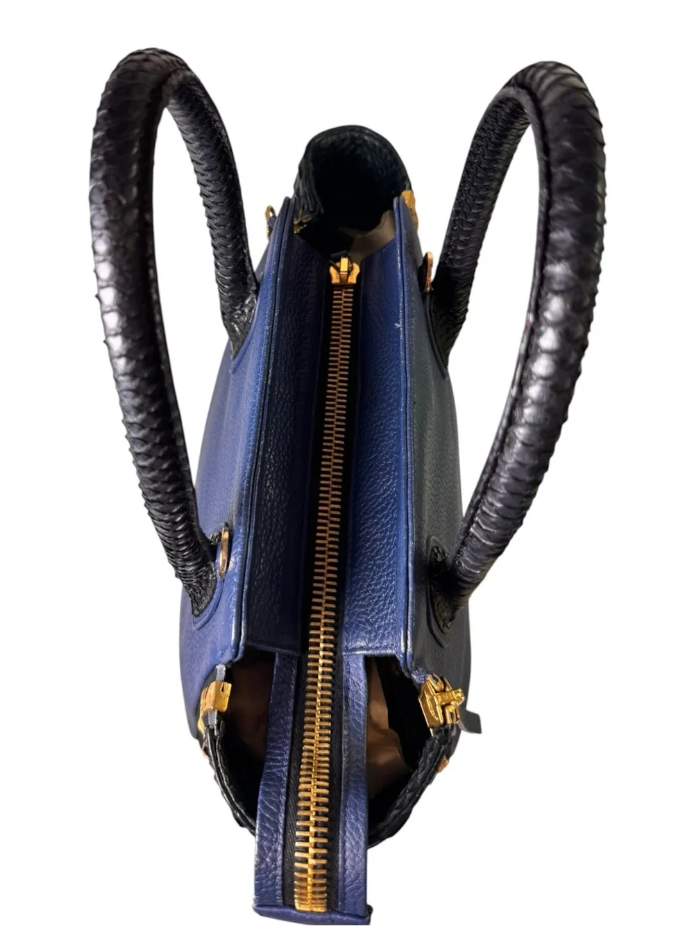 Paige Gamble Blakeley Blue Leather Black Python Exotic Zipper Satchel Tote Bag